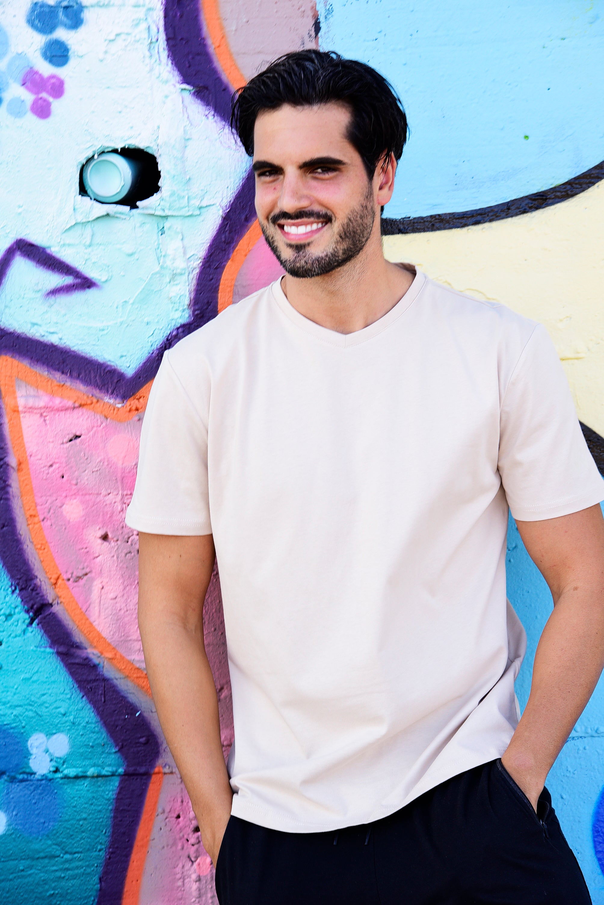 Round V-Neck T-Shirt - Cream