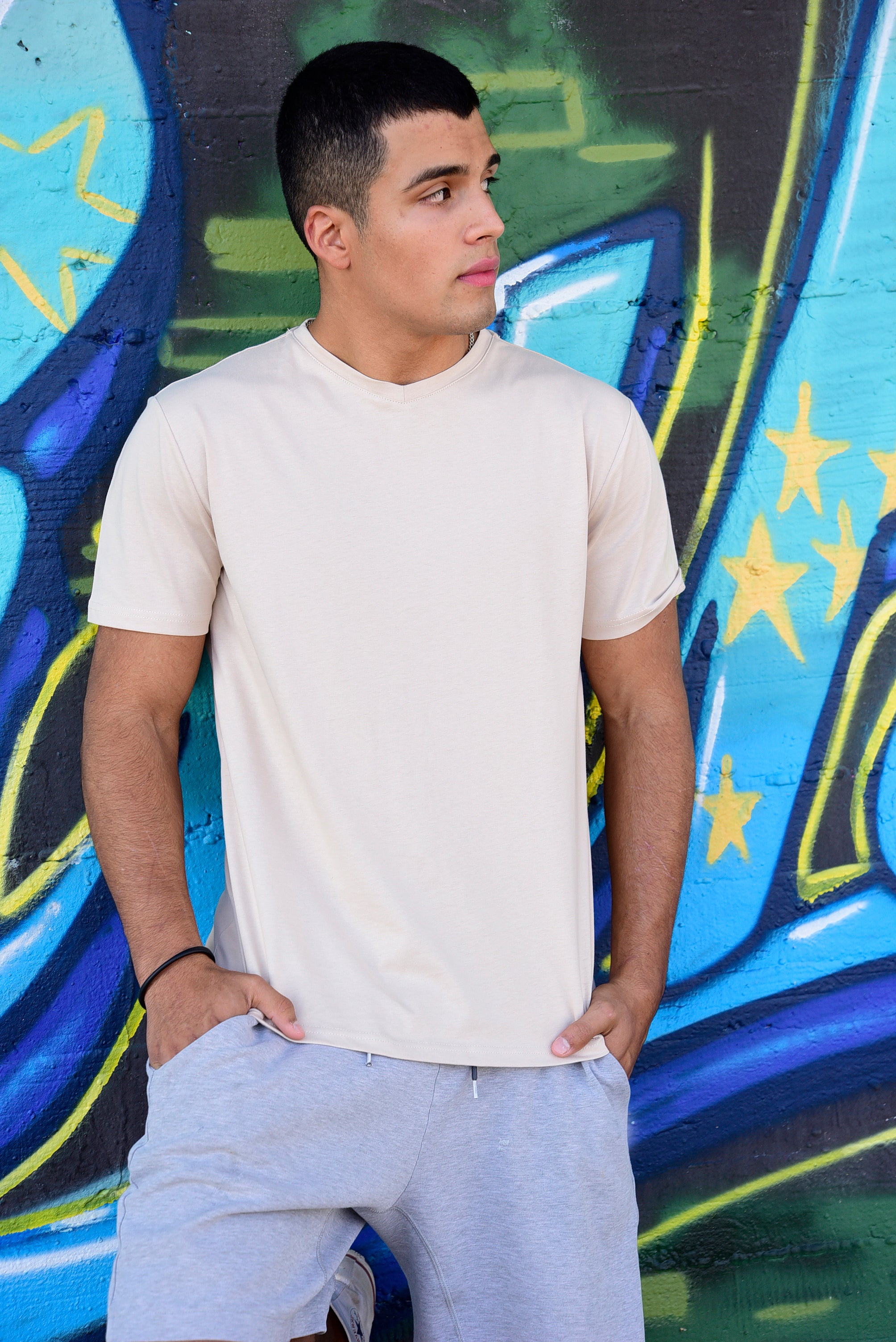 Round V-Neck T-Shirt - Cream