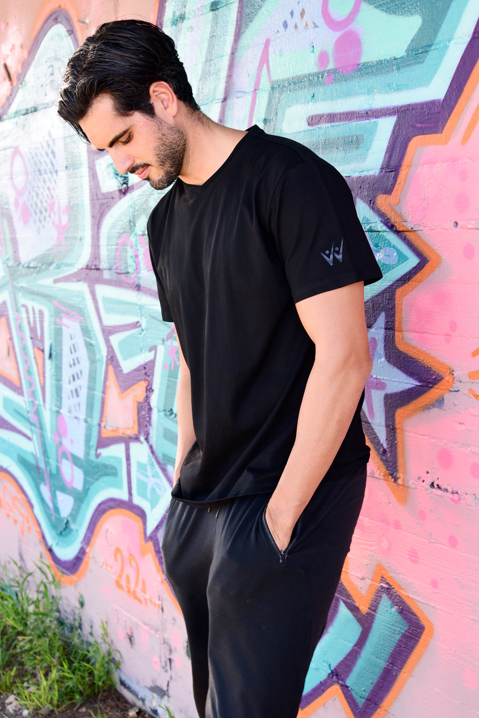 Round V-Neck T-Shirt - Black