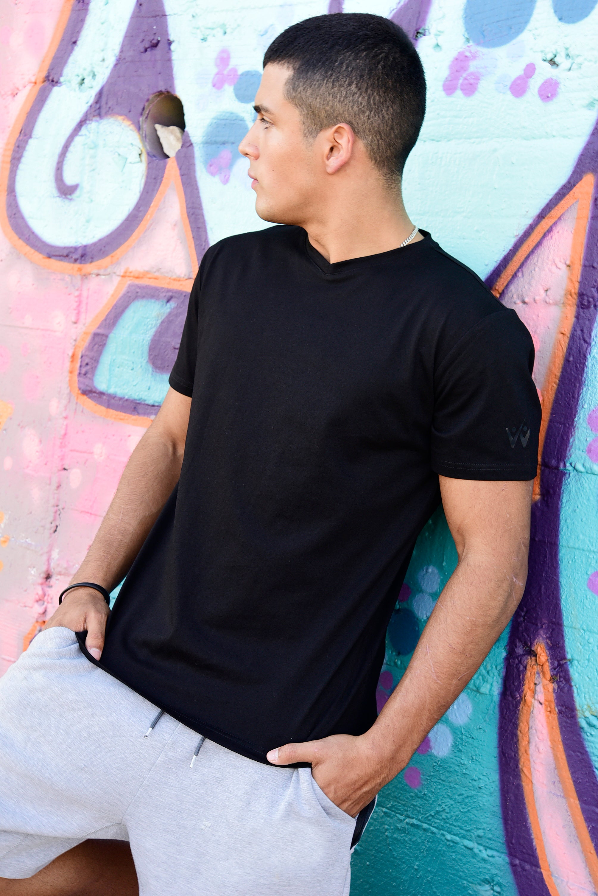 Round V-Neck T-Shirt - Black
