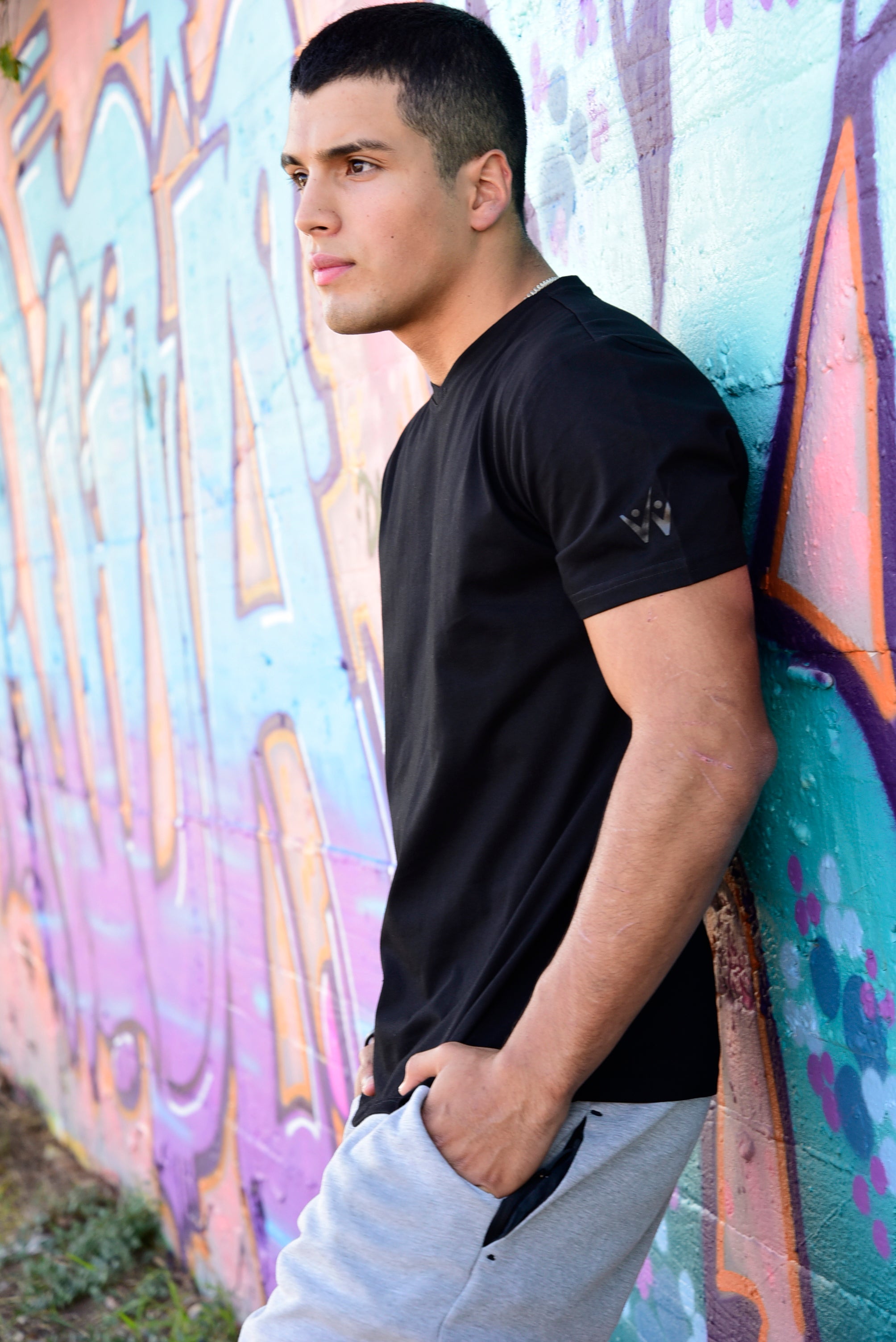 Round V-Neck T-Shirt - Black